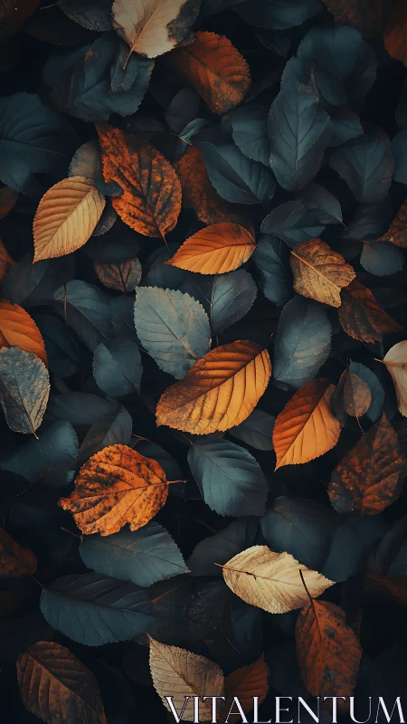Overhead view shows layered autumn leaves in dark contrast