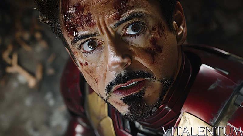 Battle-worn armored hero gazes upward with fierce resolve