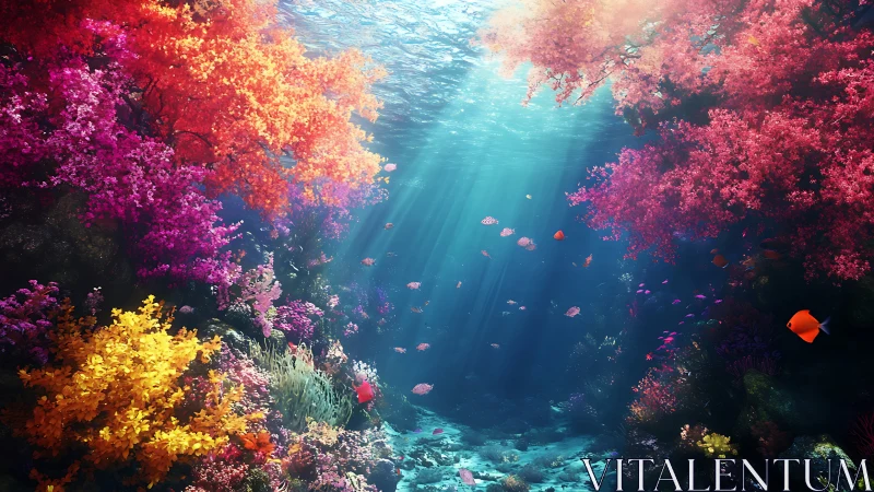 Prismatic coral forest under sunlit sapphire waters.