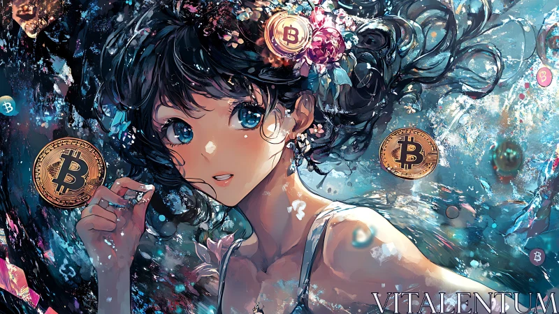 Crypto tide muse dances through swirling bitcoin constellations.