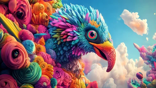 Vibrant surreal bird portrait in fantasy floral landscape, digital art.