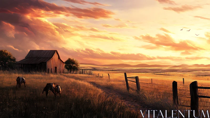 Sunlit farmstead glows under sweeping prairie sunset sky.