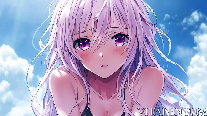 Purple eyed anime girl with white hair against blue sky.
