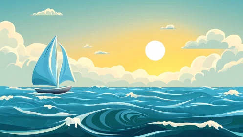 Blue sailboat glides across stylized ocean under warm sunset