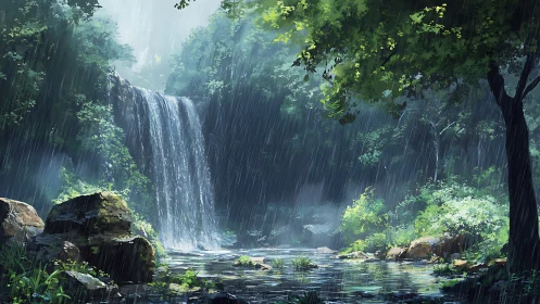 Rain-Kissed Cascades Through Ancient Forest Realm.