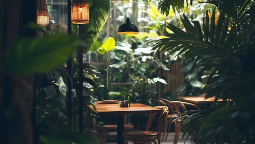 Leafy caf&eacute; hideout glowing under warm jungle lantern light.