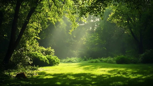 Sunlit forest clearing reveals vivid green summer glade