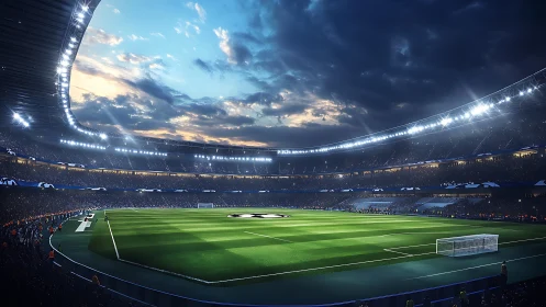 Floodlit football stadium shows green pitch before kickoff