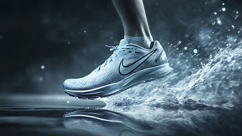 Dynamic running shoe suspended mid-stride in kinetic splash lighting