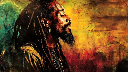 Dreadlocked dreamer glowing in reggae sunrise colors.