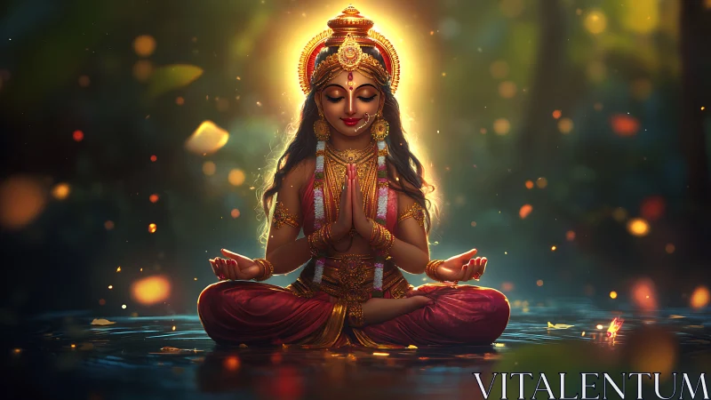 Meditating goddess figure rendered with high-gloss digital lighting