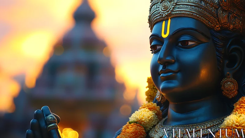 Hindu deity statue close-up before temple at sunset.