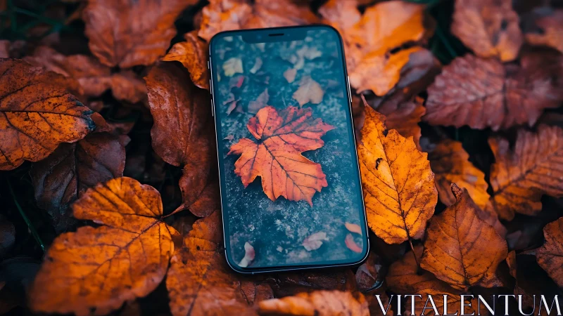 Smartphone lies in vivid autumn leaves reflecting nature