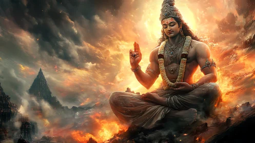 Divine figure in meditative asana amid incendiary storm clouds