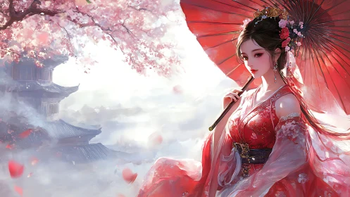 Graceful parasol maiden in dreamy cherry blossom mist.
