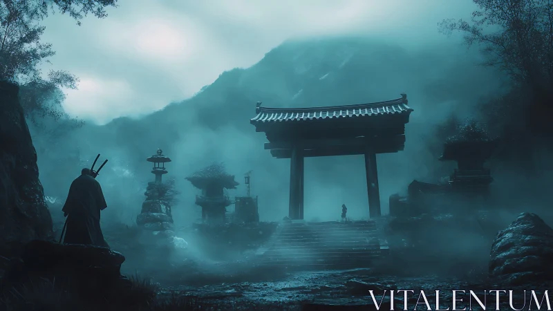 Fog shrouded samurai at mountain shrine gate in cyan dusk