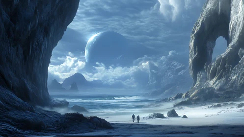 Rocky coastal landscape with large planet on horizon.