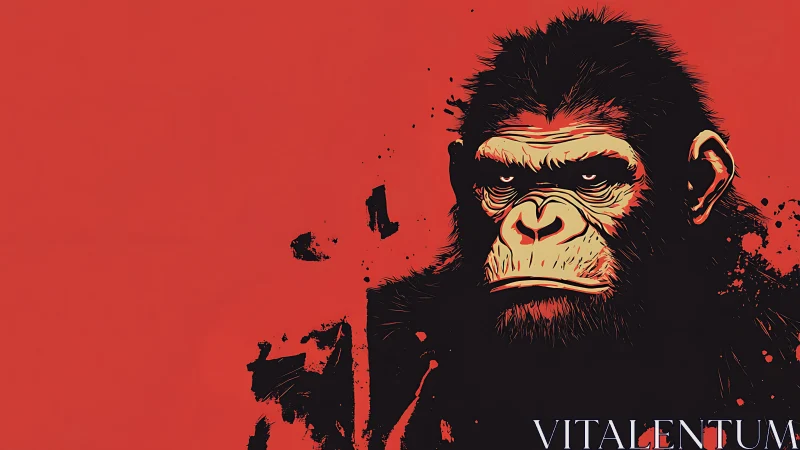 Fierce primate portrait on bold red splattered canvas.