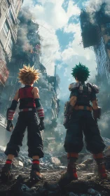 Rival heroes stride into a smoking skyline of shattered steel.