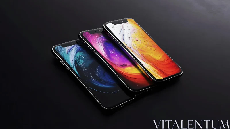 Three modern smartphones with vibrant displays on black background.