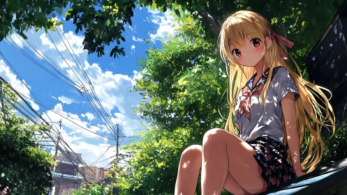 Summer light bathes a quiet anime girl on a park bench