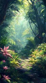 Mystical Forest Path Through Luminous Jungle.