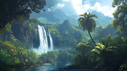 Emerald canyon falls pour into a mist-veiled jungle lagoon.