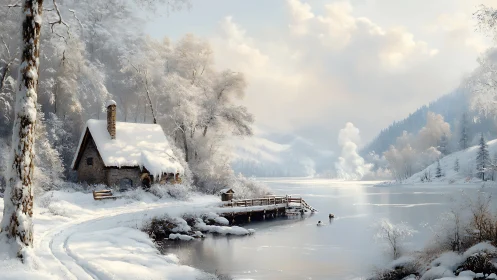 Snow covered cabin stands beside frozen river and pier