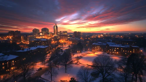 Snow-laden urban skyline under stratified twilight luminance.