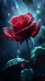 Single red rose is depicted under rainfall with wet surfaces