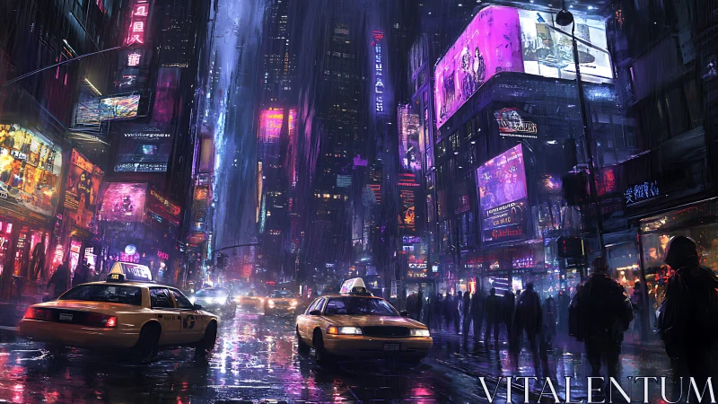 Rainy neon city street with taxis and crowded sidewalks.