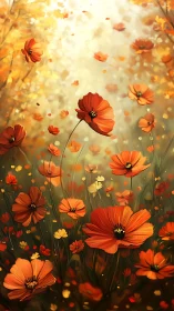 Red and Orange Cosmos Flowers in Golden Light