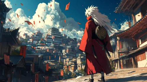 White haired wanderer surveying tiered fantasy citadel skyline.