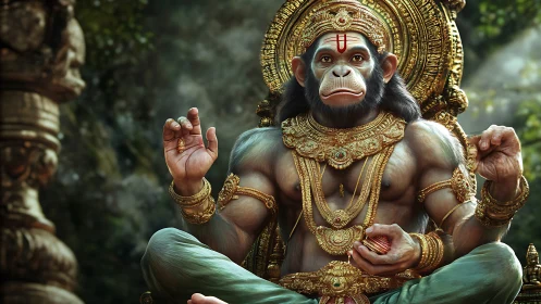 Regal monkey deity sits in golden splendor within a forest sanctuary