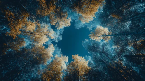 Forest canopy forms a glowing blue and gold sky portal.