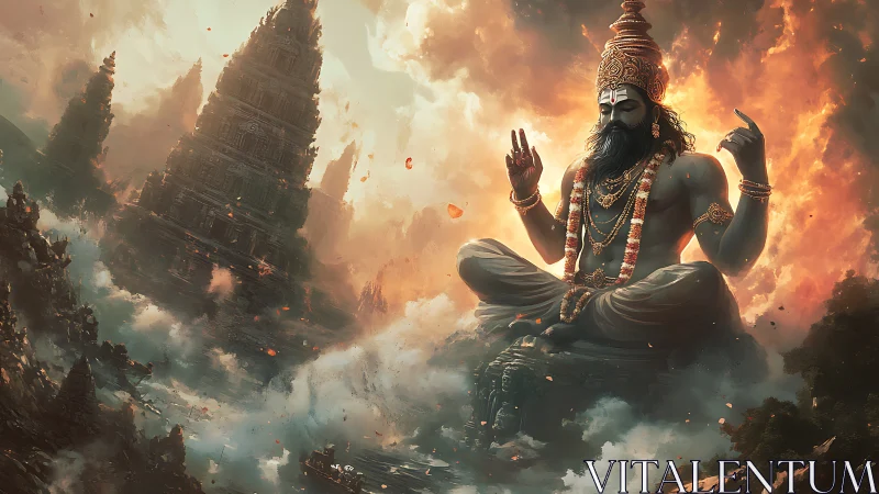 Cosmic deity meditates above burning temple ruins.