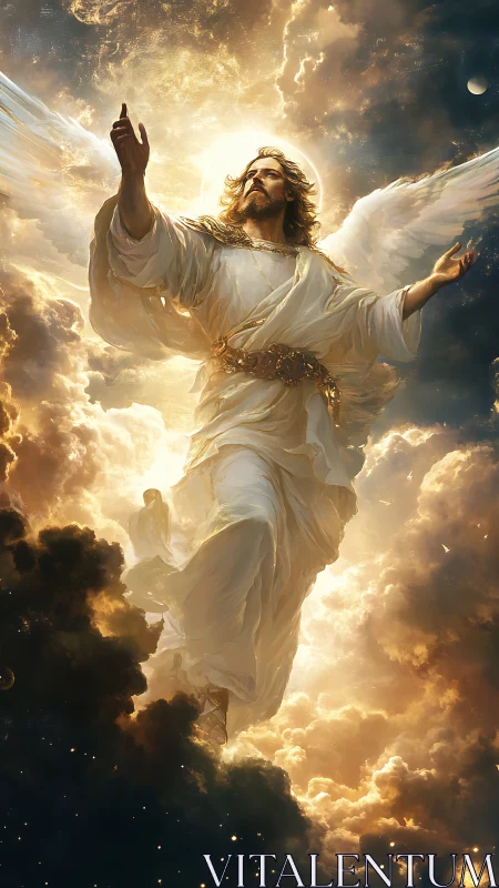 Radiant winged guardian strides upward through molten clouds