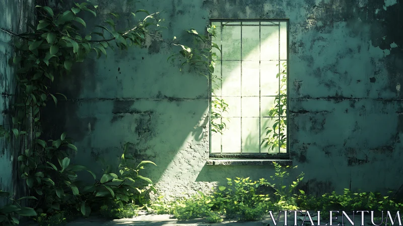 Abandoned teal plaster wall with sunlit steel-framed window