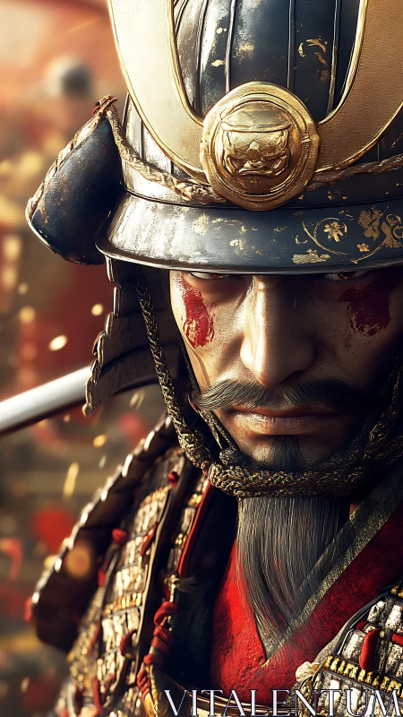 War-torn samurai portrait amid blazing battlefield haze.