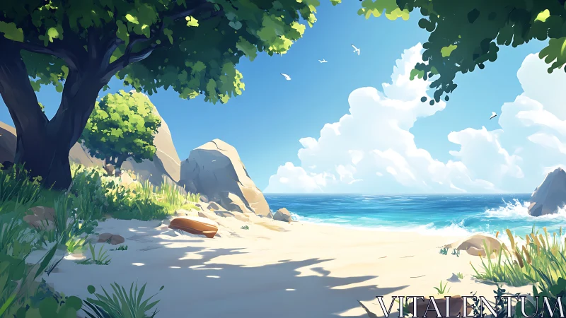 Tropical Paradise Beach With Ancient Tree.