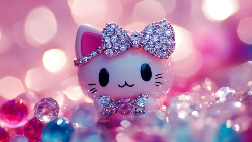 Glittering kawaii cat figurine sparkles among pastel gems
