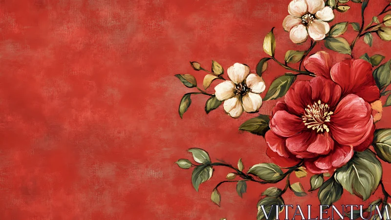 Graceful red blossoms curl softly across a warm canvas