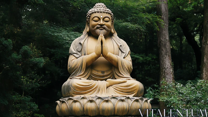 Buddha statue seated in lotus posture within dense green trees
