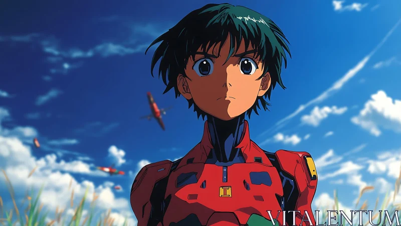 Youth in red armored suit under clear sky with aircraft.