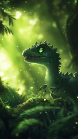 Bioluminescent hatchling raptor in volumetric jungle light.
