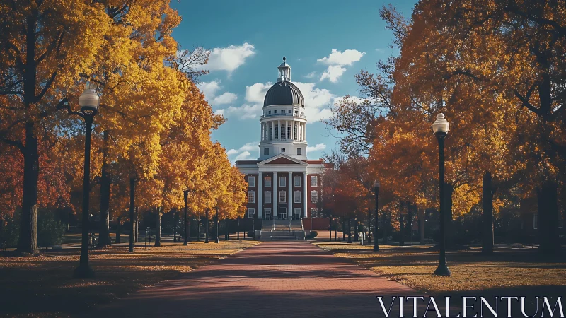 Crimson dome rises through an autumn tunnel of burnished trees