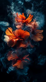 Orange flowers suspended in dark swirling smoke cloud formation.
