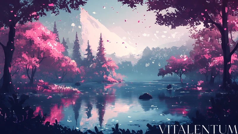 Mountain lake with pink foliage under calm sky.