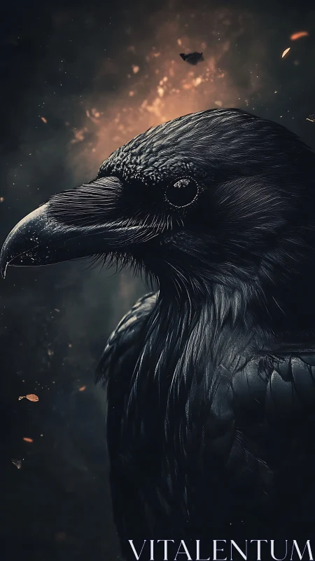 Raven profile rendered with dramatic backlight and sparks
