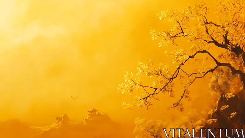 Golden mist cradles a distant temple beneath autumn boughs
